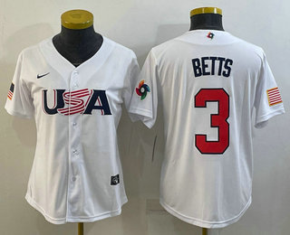 Womens USA Baseball #3 Mookie Betts 2023 White World Classic Replica Stitched Jersey